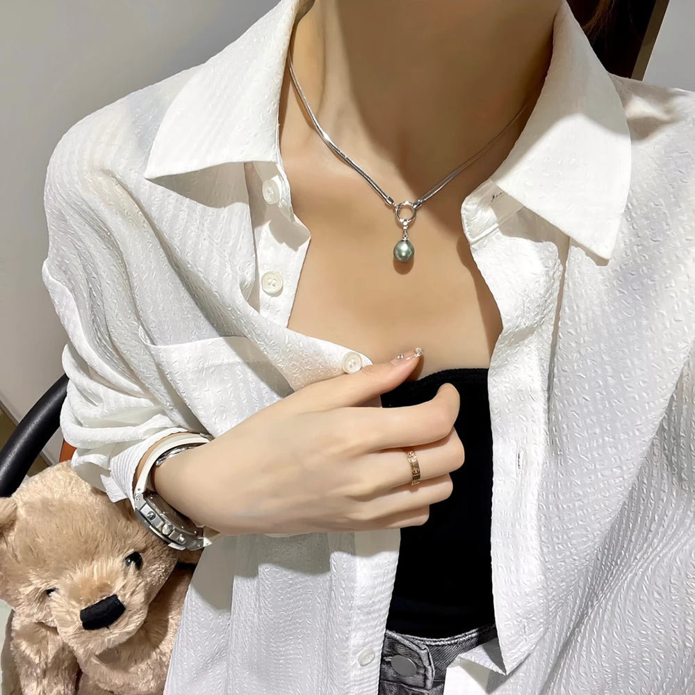 9-10mm Real Seawater Tahitian Black Pearl with 925 Silver Snake Chain Pendant