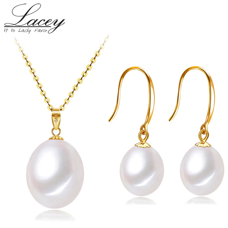 Real 18k Gold Jewelry Dets,Natural Pearl Pendant Earrings Sets AU750,White Freshwater Pearl Necklace and Earring Set Fine Gift