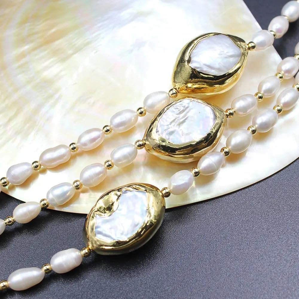 3-Row Cultured Rice Pearl Necklace with Keshi Pearl and Gold Plated Connector, White Choker