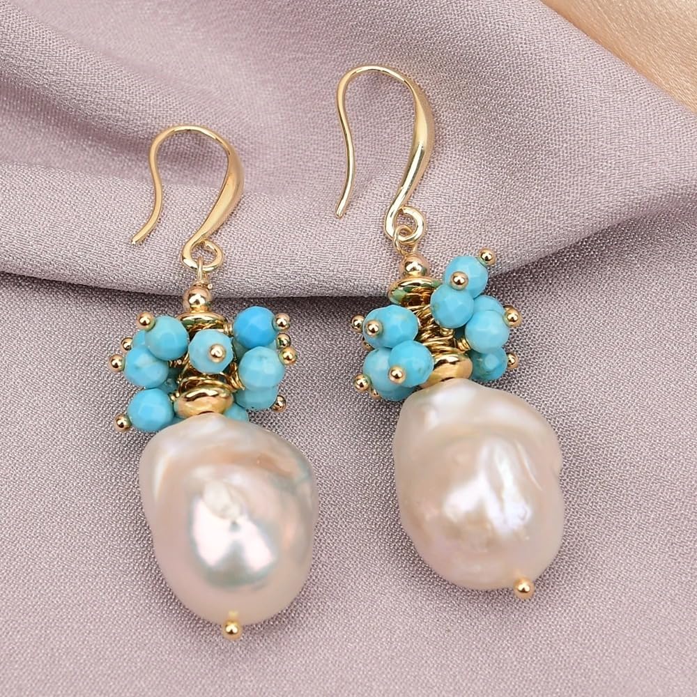 Baroque Pearl and Turquoise Drop Earrings, White Keshi Cultured Pearls with Blue Beads, Gold-Colored Hook Design