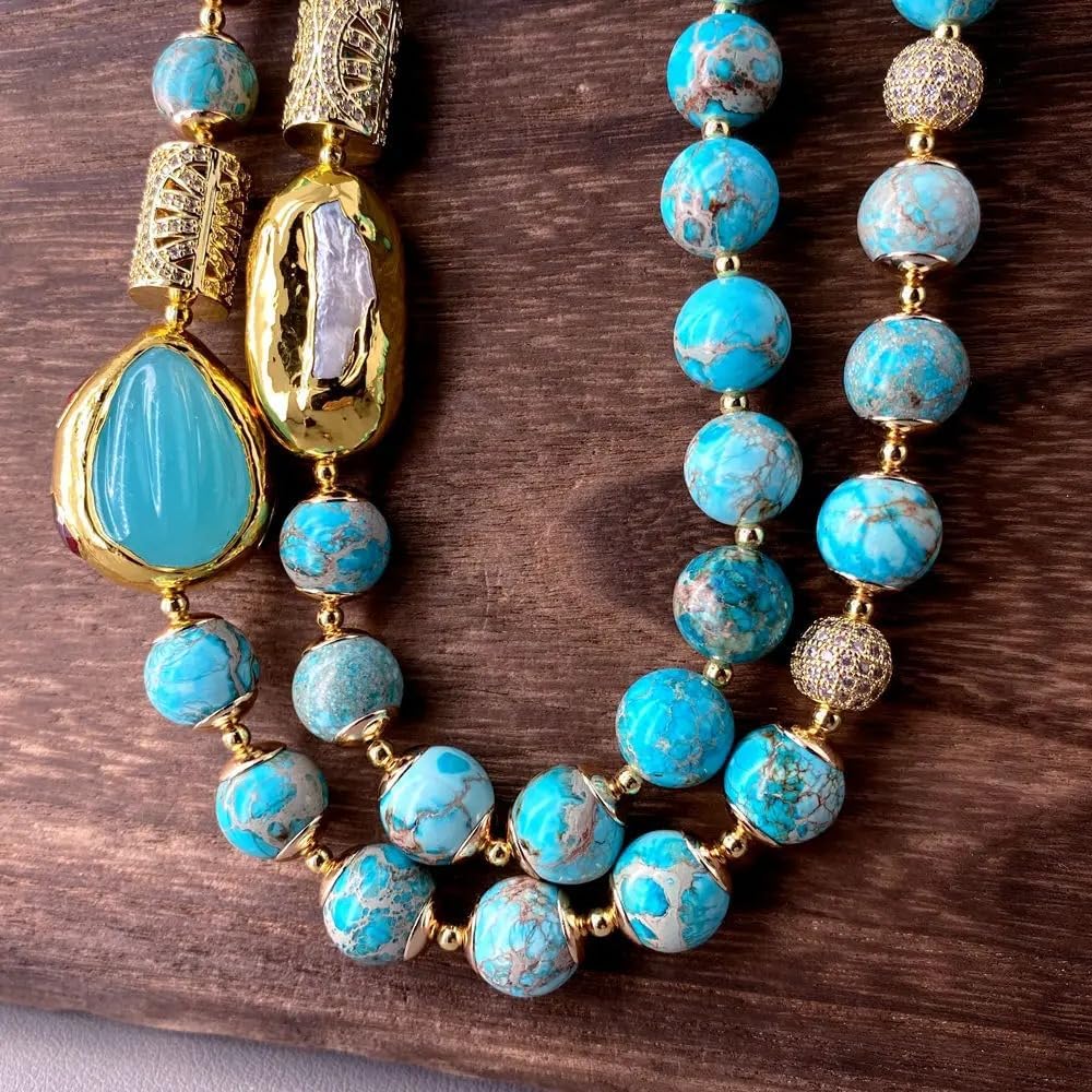 2 Strands Blue Sea Sediment Jasper & White Biwa Pearl Bead Necklace