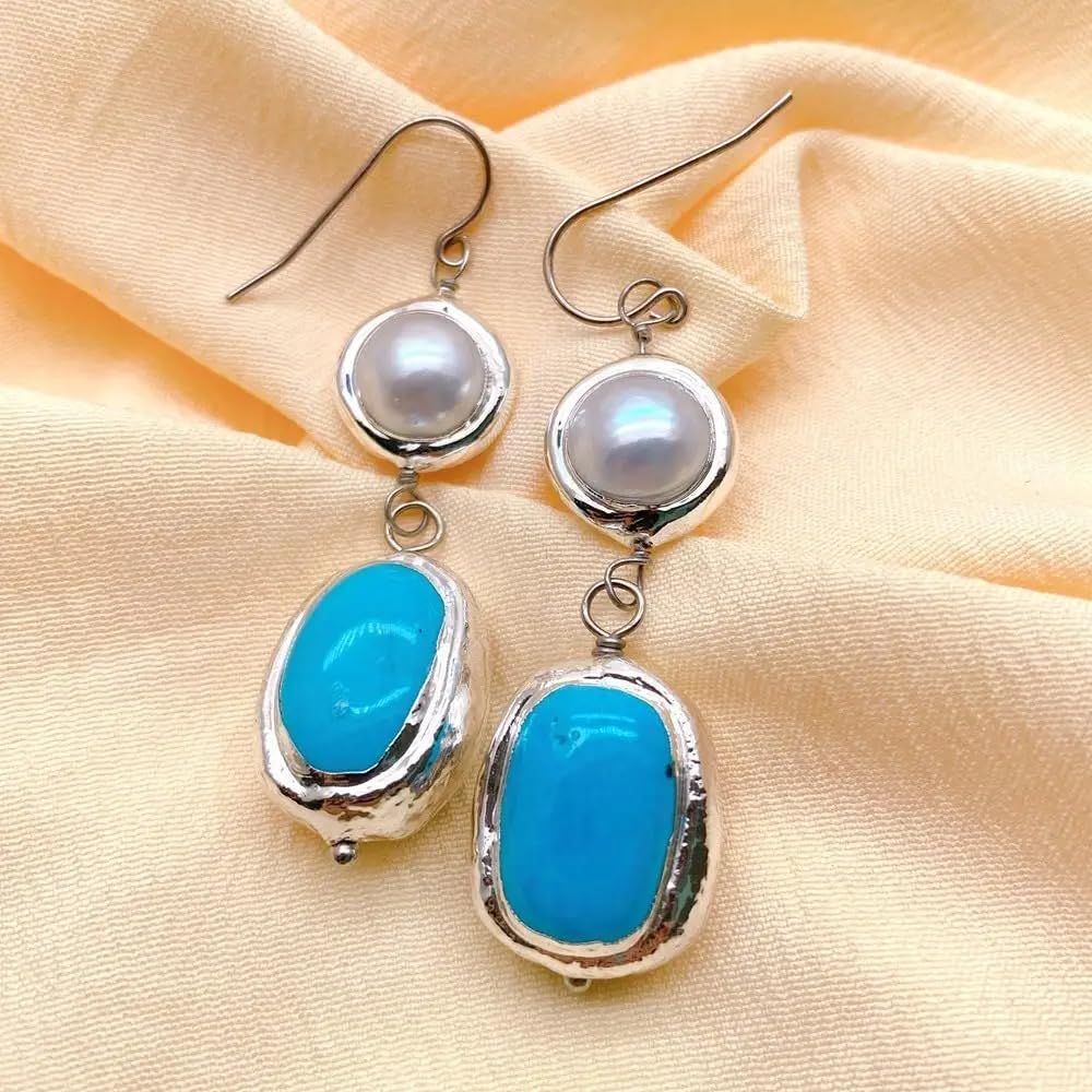 Cultured White Pearl Blue Turquoise Gold Plated 925 Silver Hook Dangle Earrings