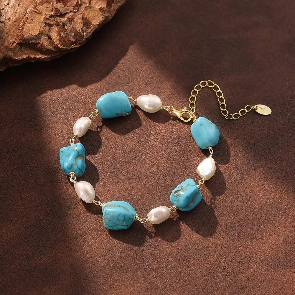 925 Silver Gold Plated Turquoise Stone White Pearl Strand Bracelet