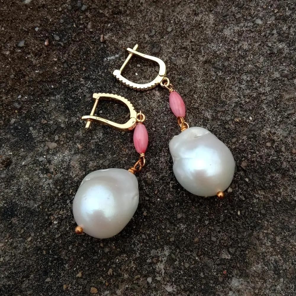 Pink Coral Freshwater Cultured Nucleated Flameball Baroque Pearl Earrings