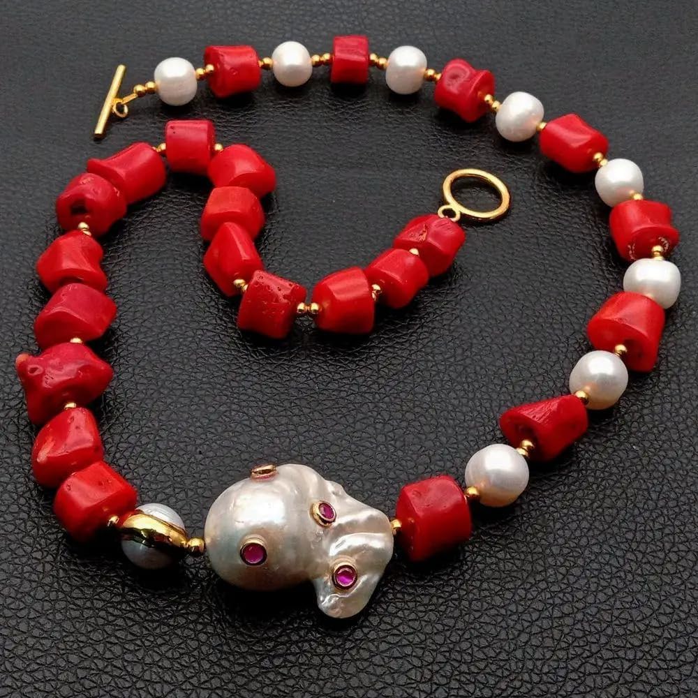 Red Coral White Pearl Necklace with Keshi Pearl CZ Pave Pendant