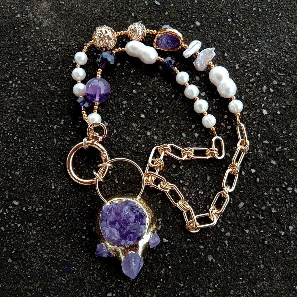 Handcrafted Natural Amethyst Druzy Pendant Necklace, Gold Plated Chain with White Cultured Pearls, Purple Crystal Statement Jewelry