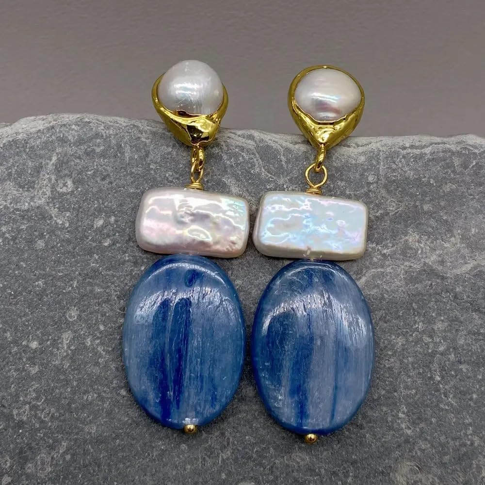 Blue Kyanite Cultured White Biwa Pearl Geometric Dangle Earrings