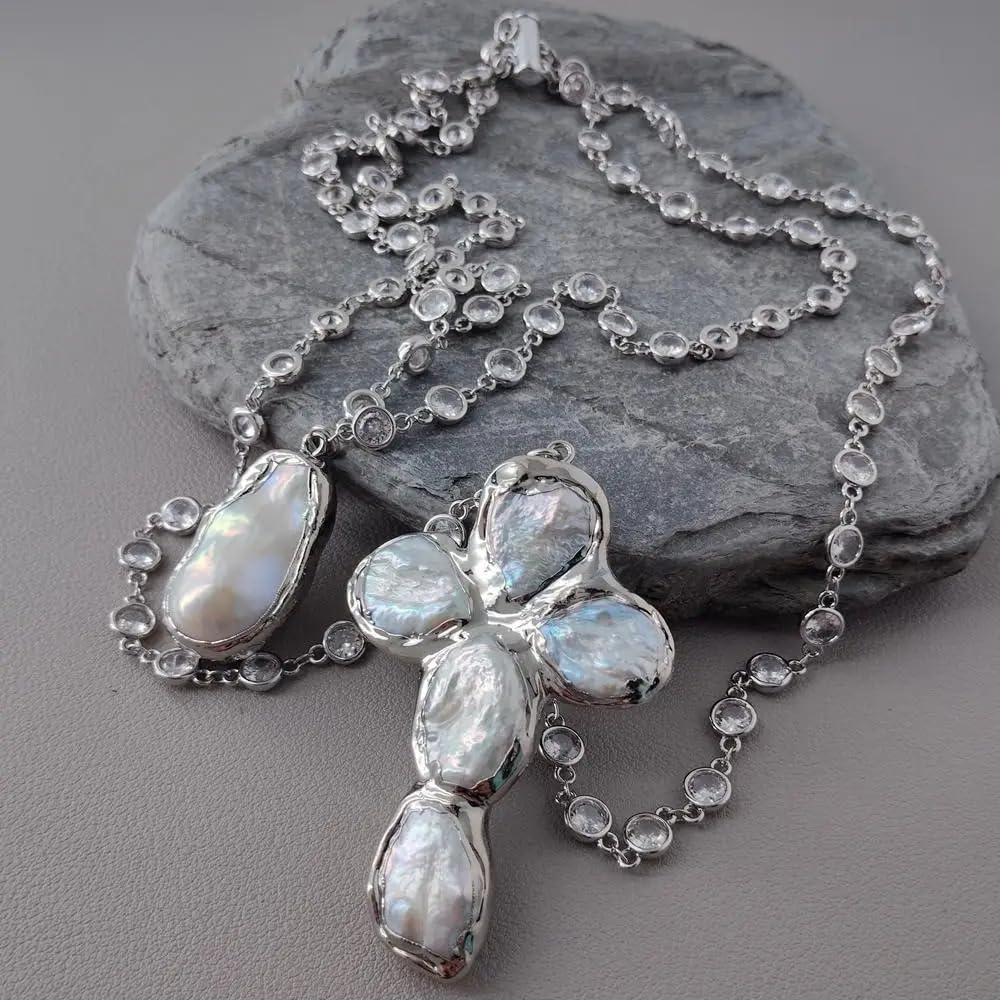 Handmade Baroque Pearl Cross Necklace, White, Silver Rosary Chain, 19x33mm Pearl Crucifix Pendant, 2 Strands, Bohemian Style