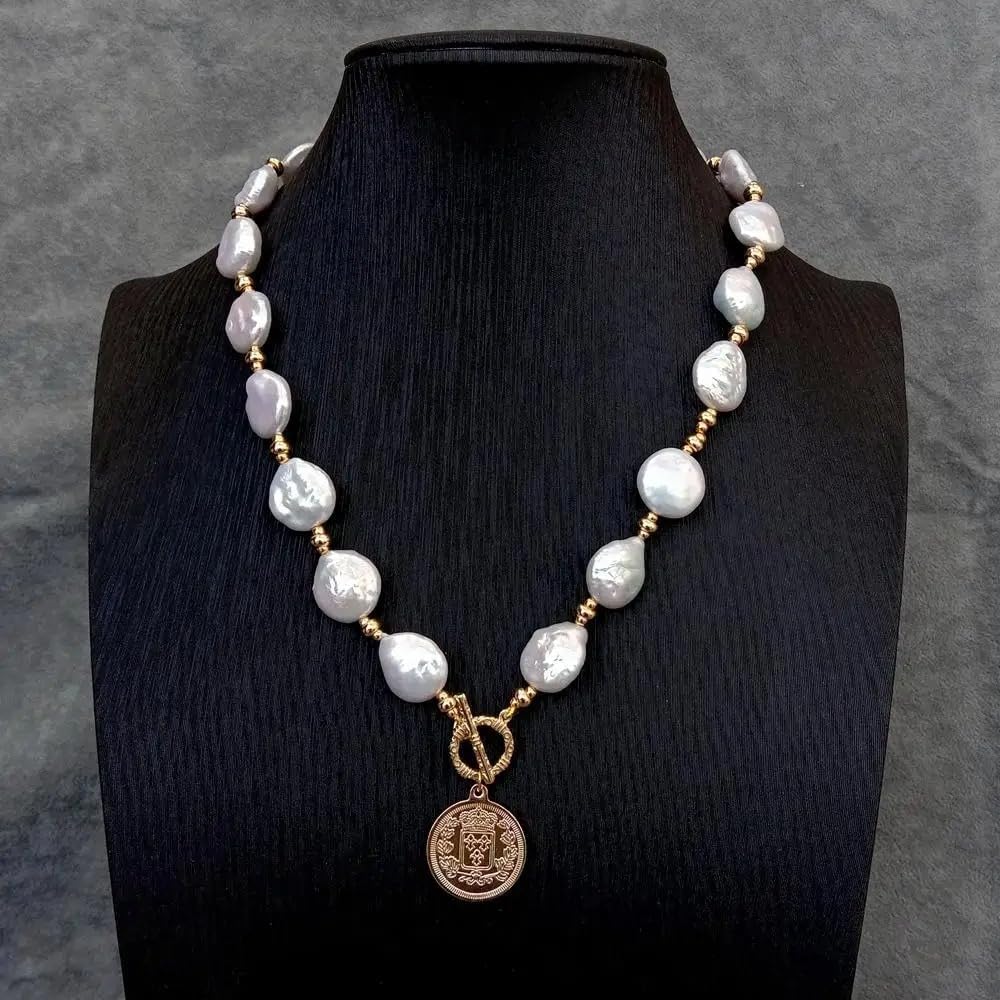 Baroque Pearl Necklace with Gold Coin Pendant, 14x17mm Natural Freshwater White Pearls, Gold Plated