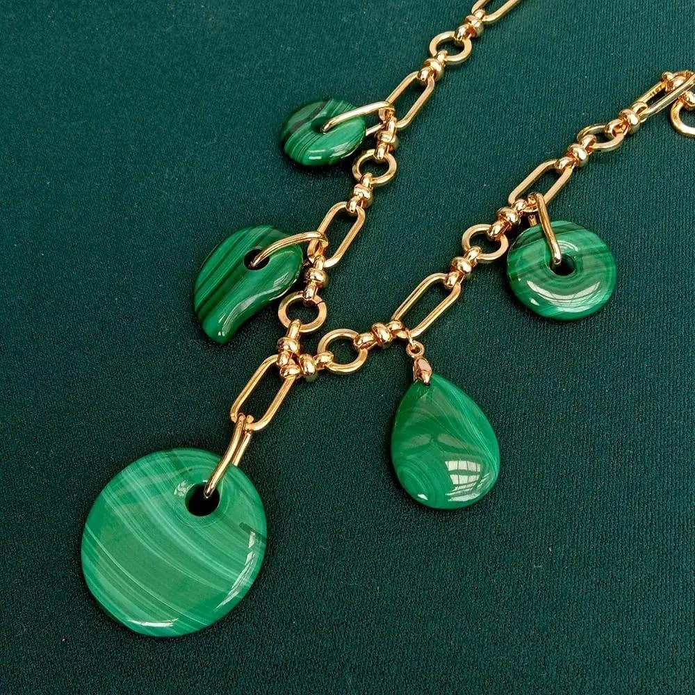 Natural Green Malachite Charm Pendant Gold Plated Chain Necklace | 30mm x 20mm x 18mm, Choker Style, for Women, Stone Pendant, Gold Plated Chain
