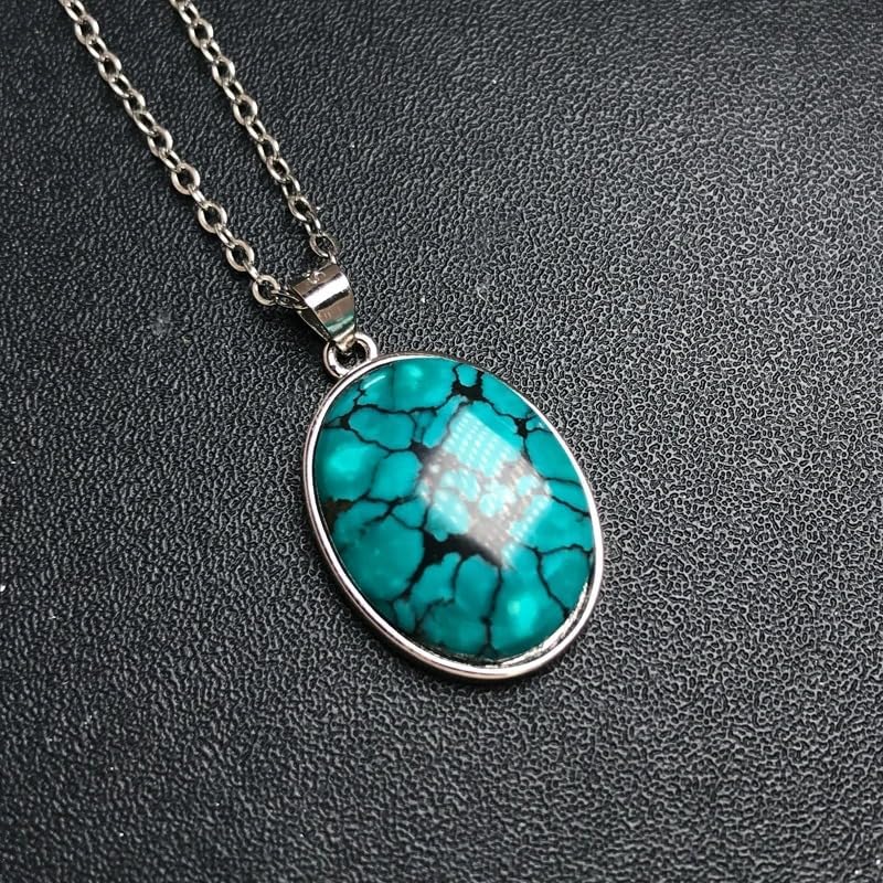Natural Turquoise Sterling 925 Silver Reticulate Pattern Oval Necklace