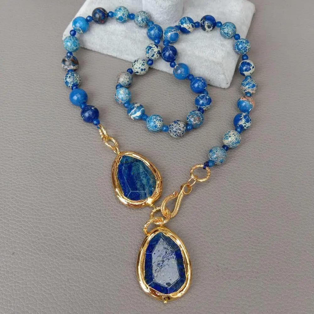 Natural Blue Sea Sediment Jasper Lapis Chunk Pendant Necklace | Round Shape, Natural Stone, Sea Sediment Jasper, Blue Lapis, Pendant Style