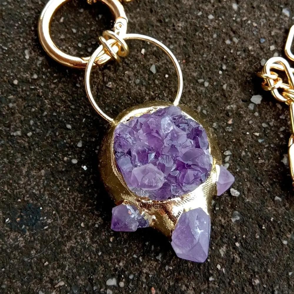 Handcrafted Natural Amethyst Druzy Pendant Necklace, Gold Plated Chain with White Cultured Pearls, Purple Crystal Statement Jewelry