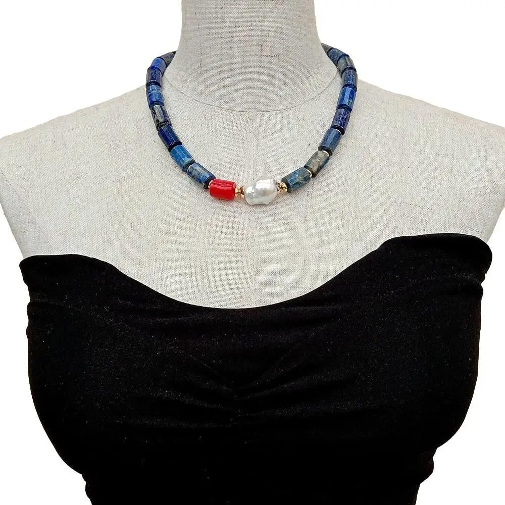 Natural Lapis Lazuli Necklace with Red Coral and Baroque Pearl, Blue Stone Beaded Jewelry