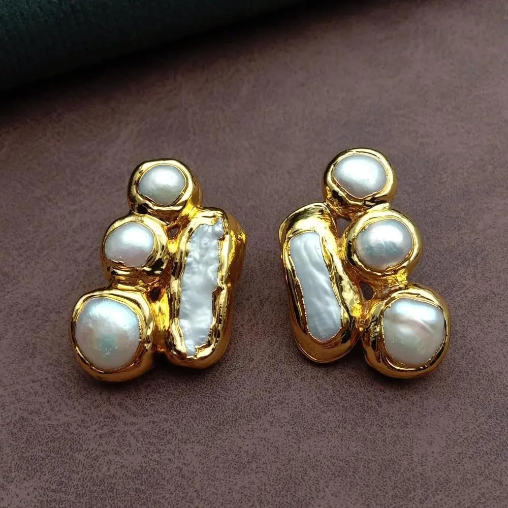 Gold Plated Cultured White Pearl Chunky Stud Earrings for Women