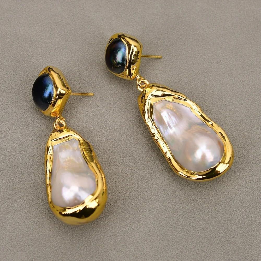 Elegant Baroque Pearl Drop Earrings, Gold-Plated with Black Pearl Studs, Freshwater Cultured White Pearl Dangle Design