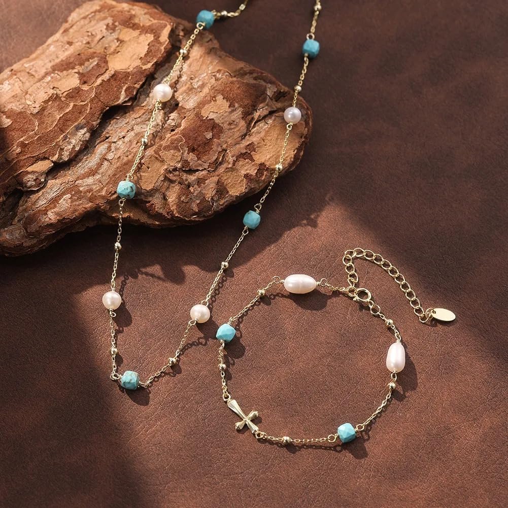 925 Silver Gold Plated Turquoise Pearl Chain Link Bracelet