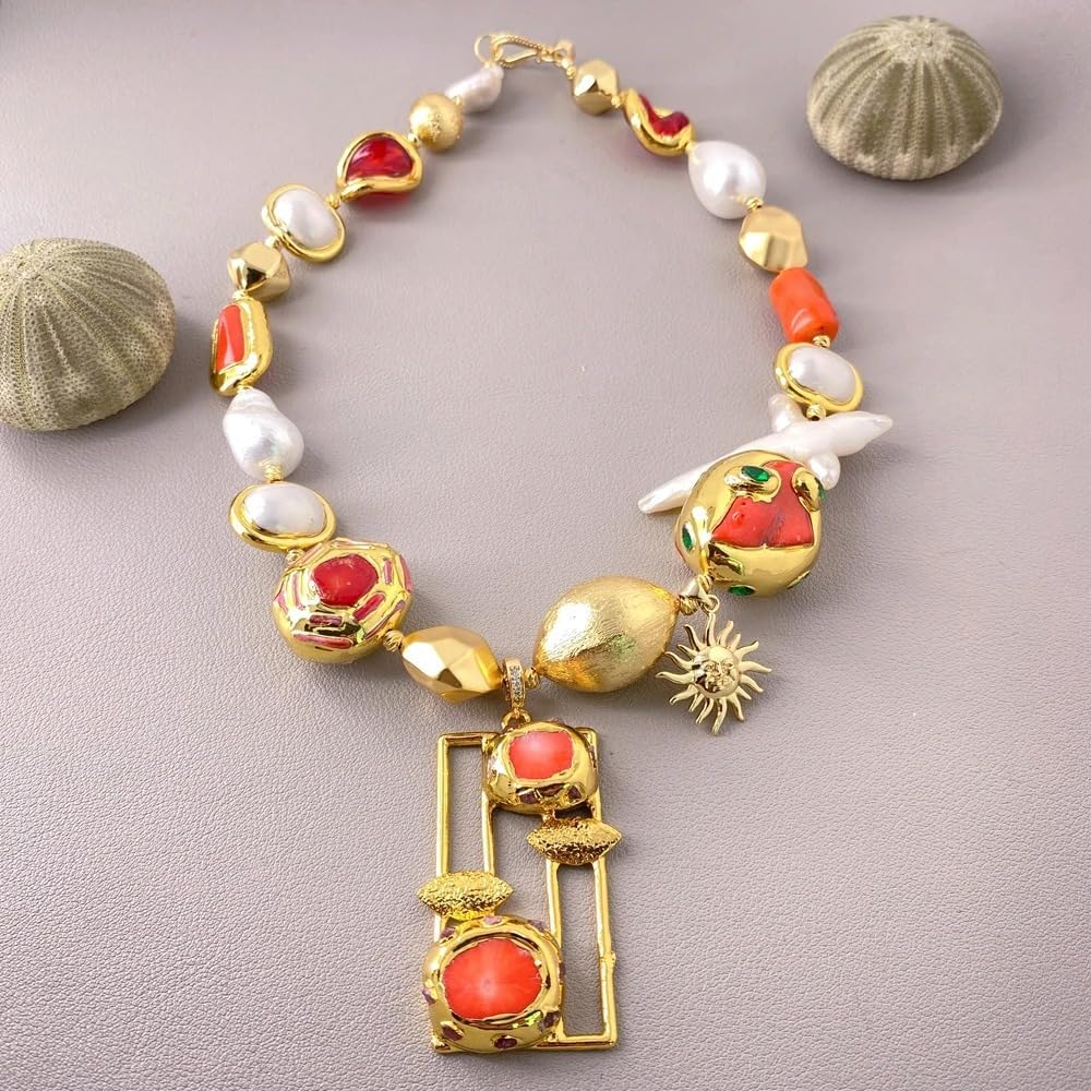 Vintage Baroque Pearl Mixed Gemstone Beaded Necklace Gold Plated