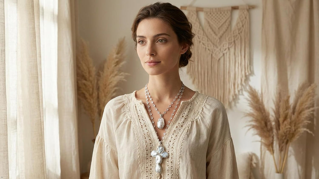 Handmade Baroque Pearl Cross Necklace, White, Silver Rosary Chain, 19x33mm Pearl Crucifix Pendant, 2 Strands, Bohemian Style