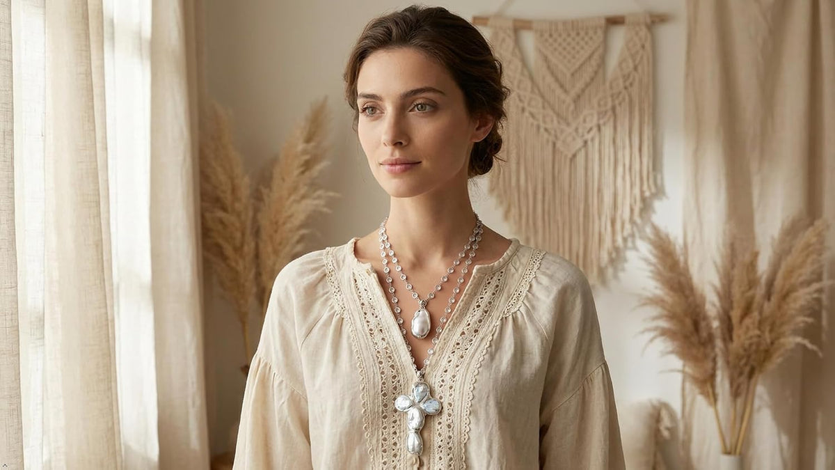 Handmade Baroque Pearl Cross Necklace, White, Silver Rosary Chain, 19x33mm Pearl Crucifix Pendant, 2 Strands, Bohemian Style