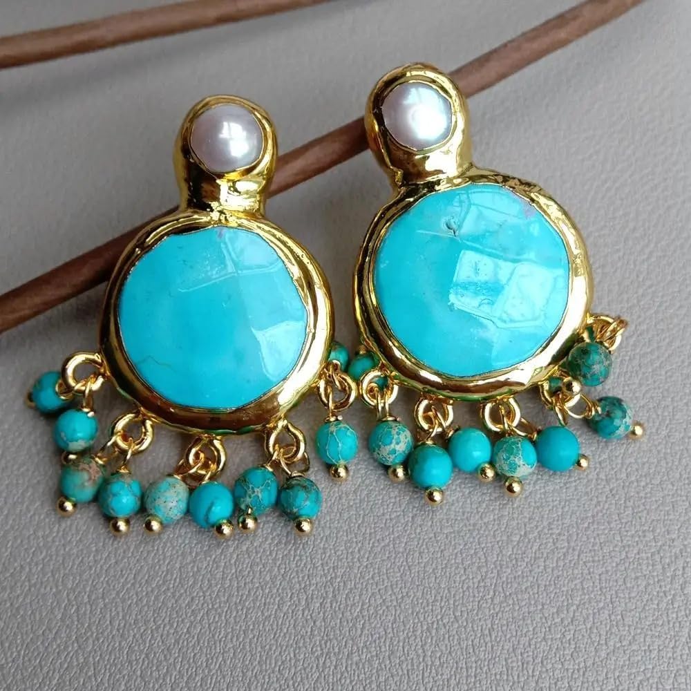 Elegant Gold Plated Turquoise Pearl Dangle Stud Earrings, 22mm, Blue Stone with Pearl Accent, Chandelier Style