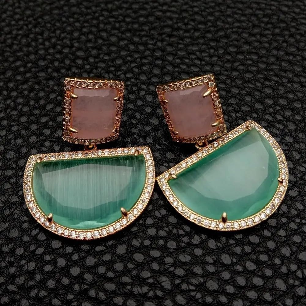 Elegant Geometric Dangle Earrings, Rose Gold Plated, Green and Pink Cat Eye, Semi-Circle Design, 8x26mm, Fashion Statement Jewelry