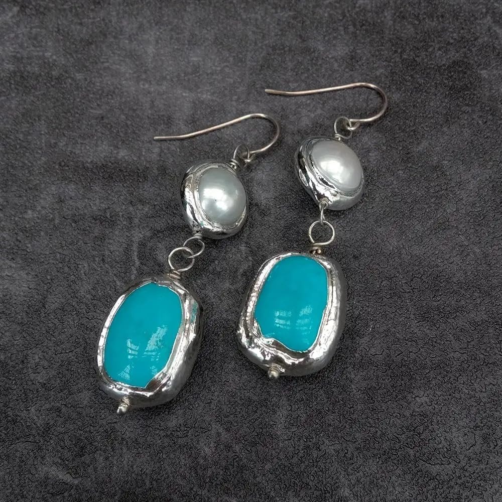 Cultured White Pearl Blue Turquoise Gold Plated 925 Silver Hook Dangle Earrings