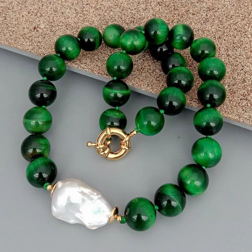 14mm Round Green Tiger Eye Cultured White Keshi Pearl Necklace