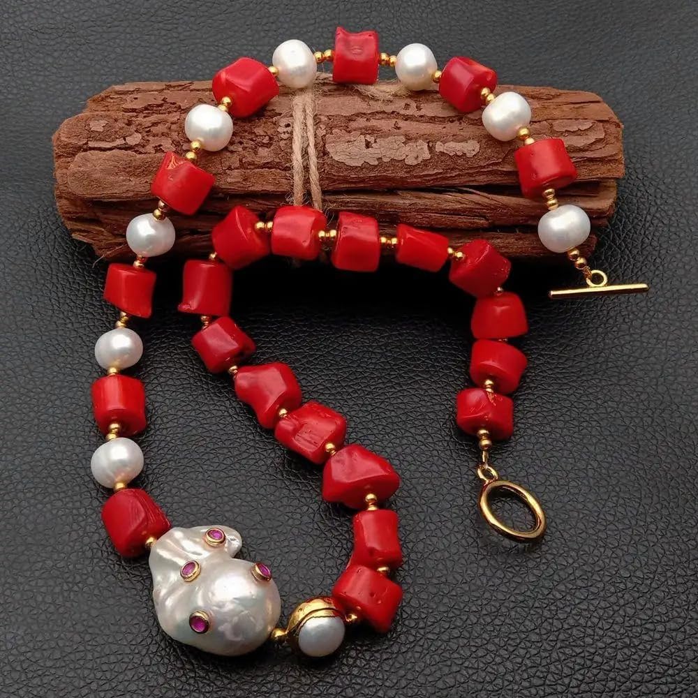 Red Coral White Pearl Necklace with Keshi Pearl CZ Pave Pendant