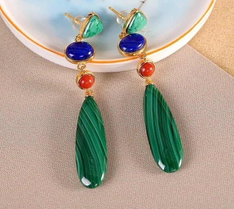925 Silver Malachite Lapis Lazuli Agate Long Dangle Drop Earrings | Geometric Design, Colored Stone, Women's Fashion, Sterling Silver, Drop Style