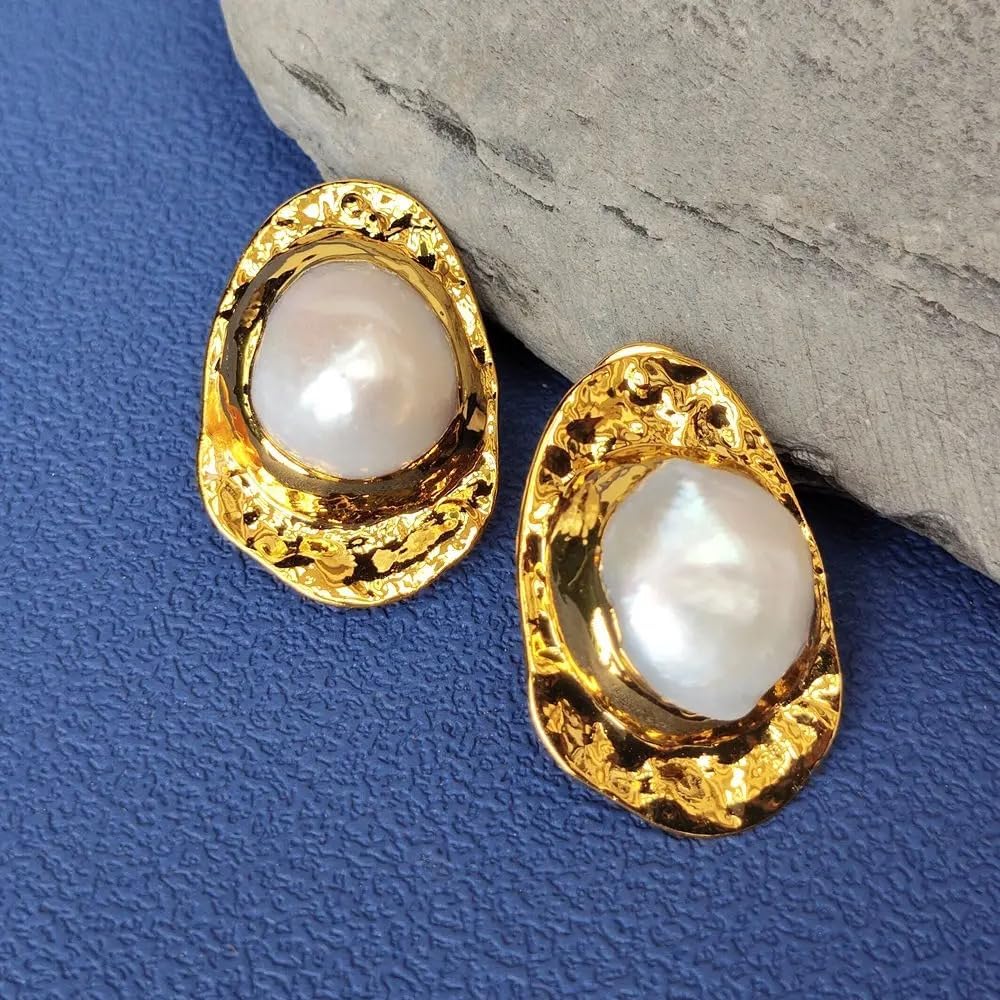Elegant Freshwater Baroque Pearl Stud Earrings, Gold-Tone Hammered Frame, White Cultured Pearl, Wedding Jewelry