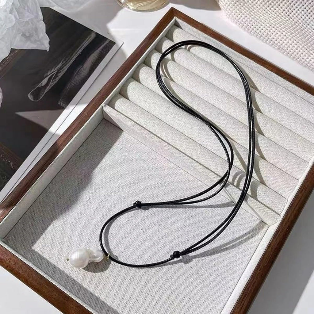 Natural Freshwater Baroque Pearl Pendant Necklace Black Rope
