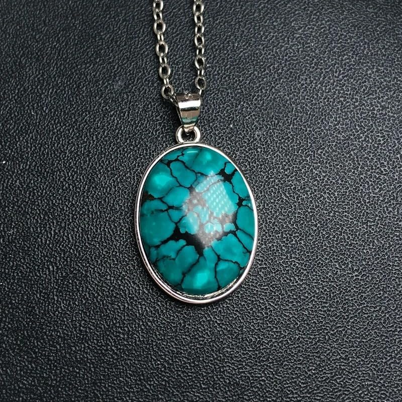 Natural Turquoise Sterling 925 Silver Reticulate Pattern Oval Necklace