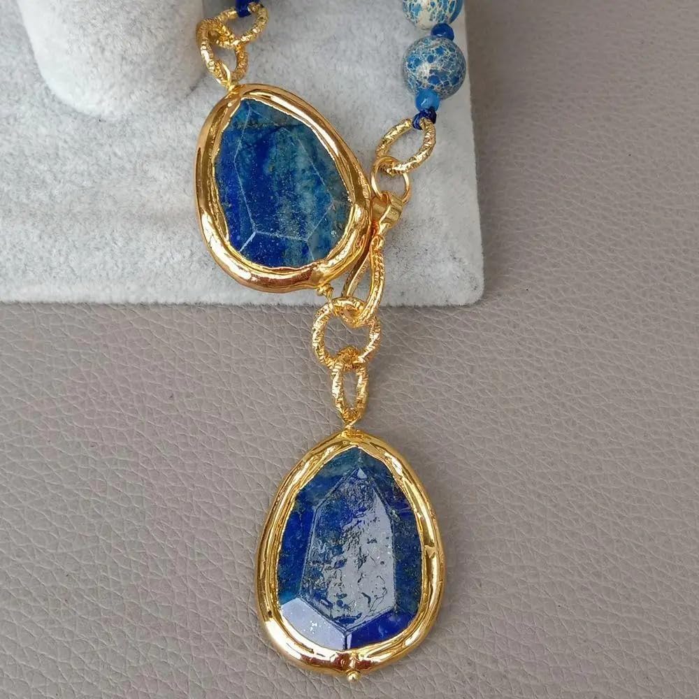 Natural Blue Sea Sediment Jasper Lapis Chunk Pendant Necklace | Round Shape, Natural Stone, Sea Sediment Jasper, Blue Lapis, Pendant Style