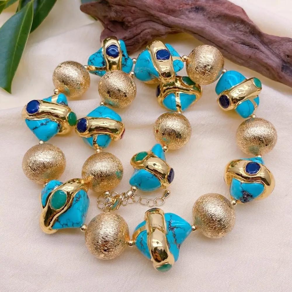 18mm Brushed Beads Blue Turquoise Multi Color Jade Gold Plated Choker
