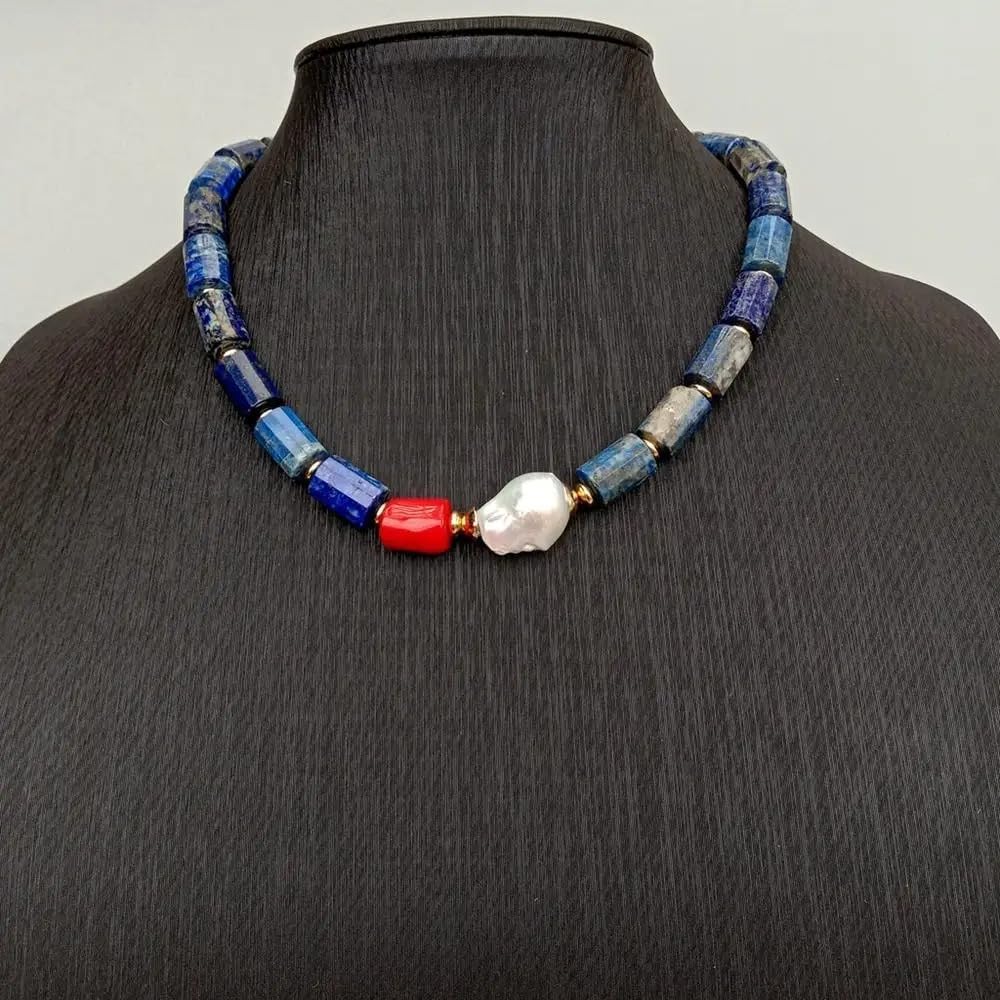 Natural Lapis Lazuli Necklace with Red Coral and Baroque Pearl, Blue Stone Beaded Jewelry