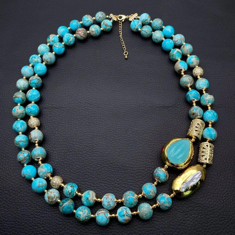 2 Strands Blue Sea Sediment Jasper & White Biwa Pearl Bead Necklace