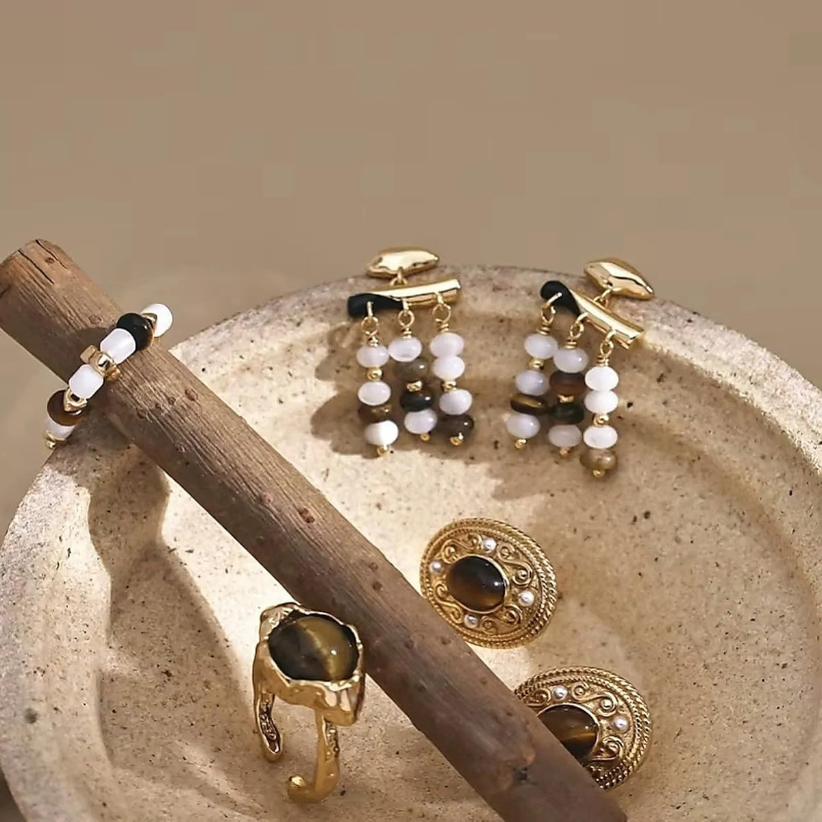 S925 Silver Tiger's Eye Stone Mother of Pearl Tri Tassels Drop Earrings