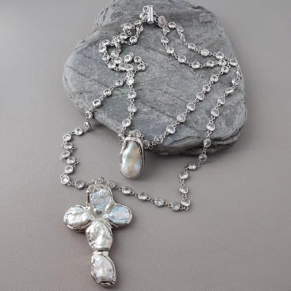 Handmade Baroque Pearl Cross Necklace, White, Silver Rosary Chain, 19x33mm Pearl Crucifix Pendant, 2 Strands, Bohemian Style