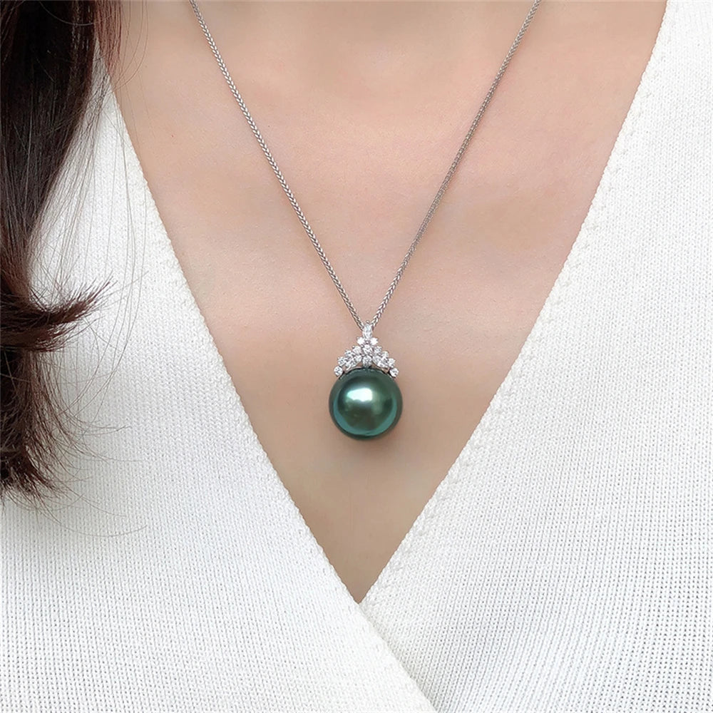S925 Silver Inlaid Zircon Imitation Tahitian Dark Green Pearl Necklace