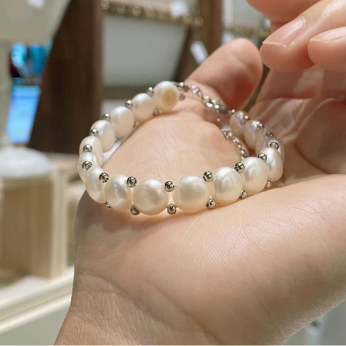 Baroque Pearl AA 8-9mm Natural Freshwater White Big Pearl Adjustable Chain Link Bracelet