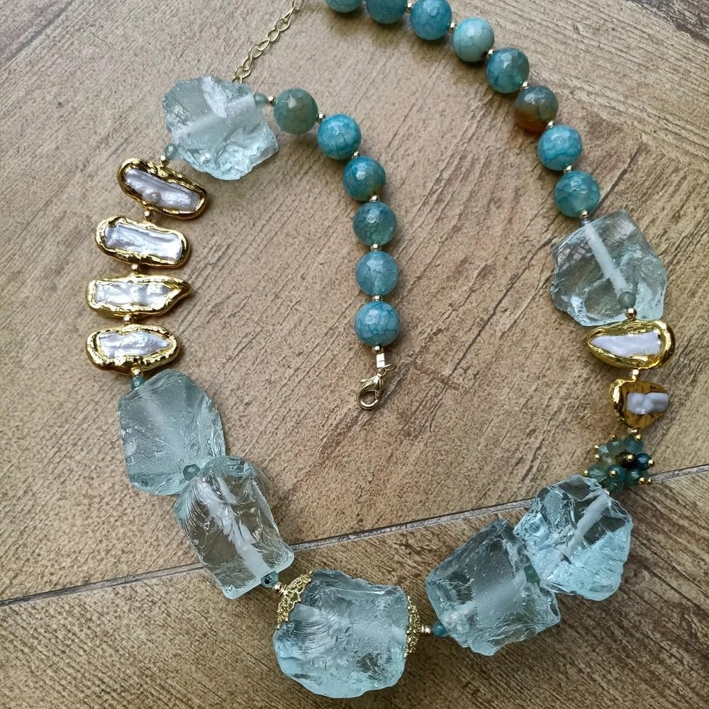 Raw Aquamarine Blue Agate Baroque Pearl Beaded Necklace