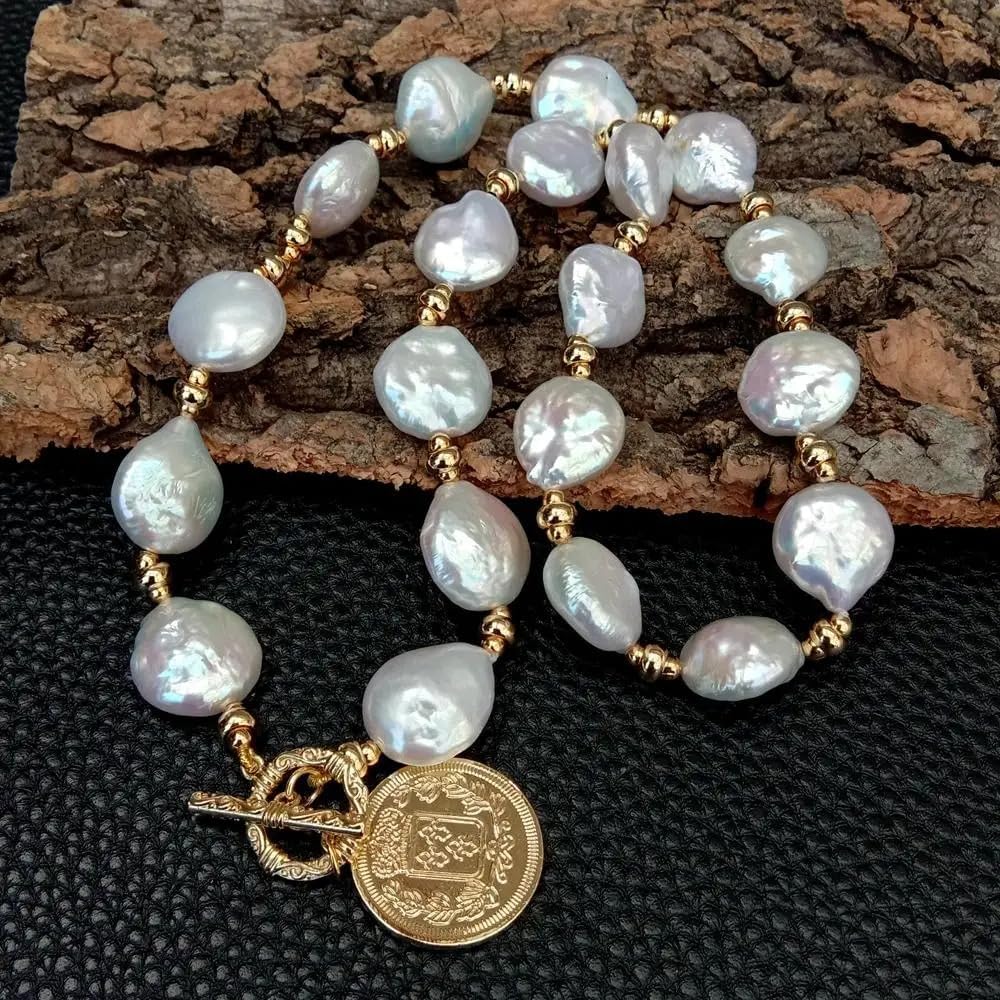 Baroque Pearl Necklace with Gold Coin Pendant, 14x17mm Natural Freshwater White Pearls, Gold Plated