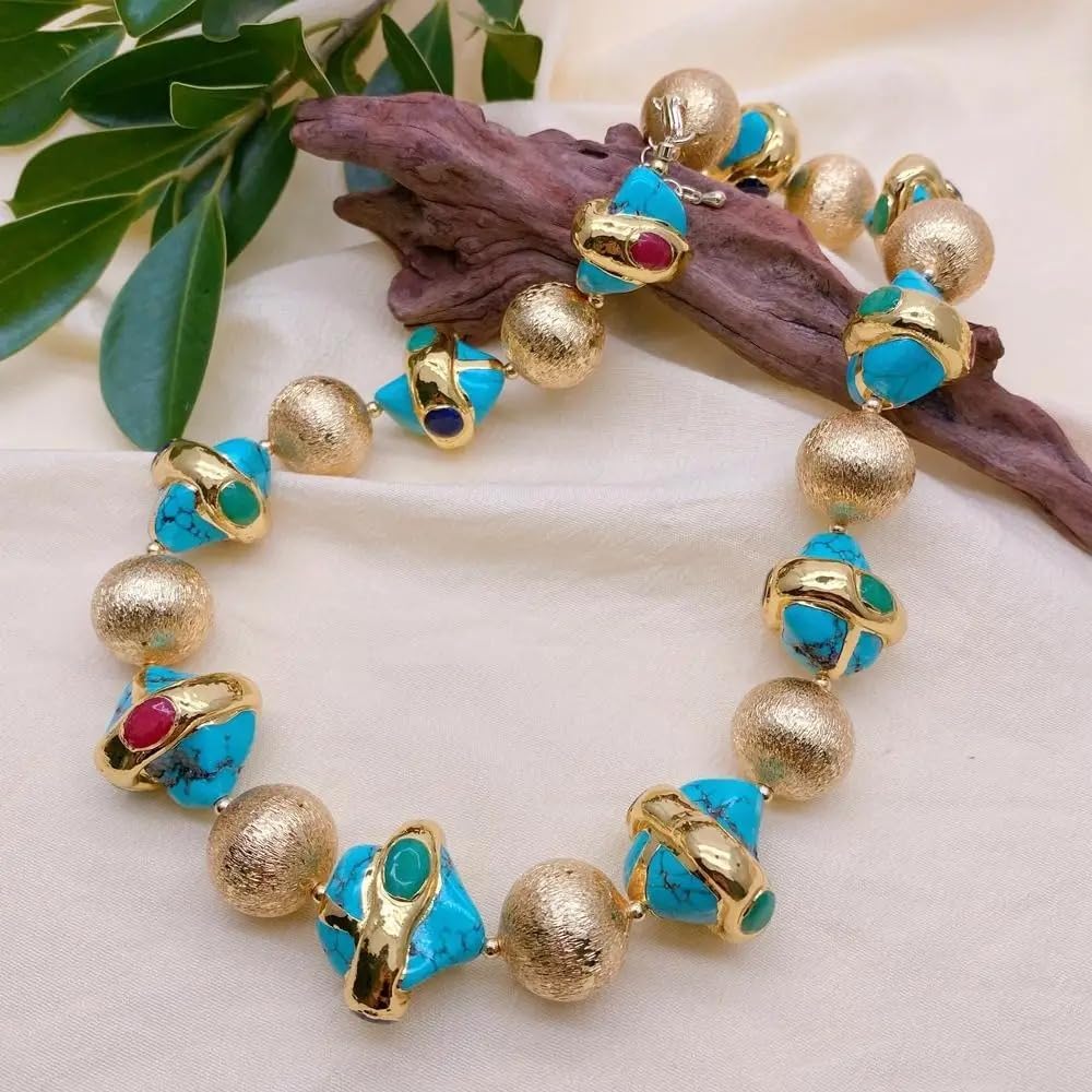 18mm Brushed Beads Blue Turquoise Multi Color Jade Gold Plated Choker