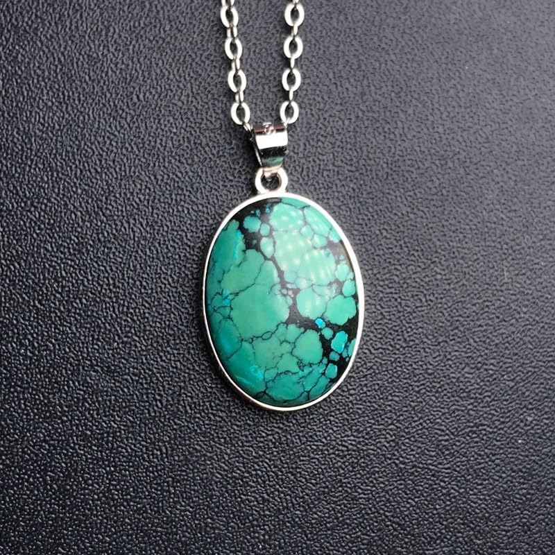 Natural Turquoise Sterling 925 Silver Reticulate Pattern Oval Necklace