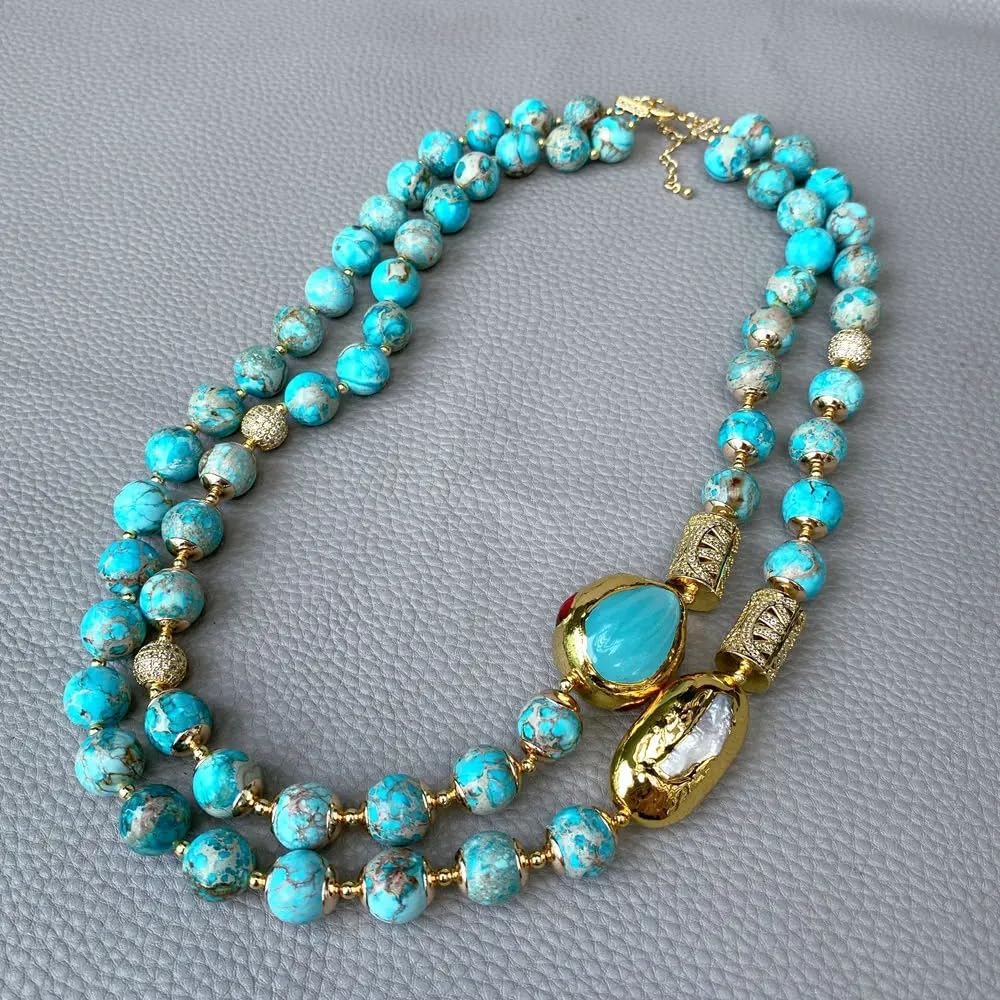 2 Strands Blue Sea Sediment Jasper & White Biwa Pearl Bead Necklace