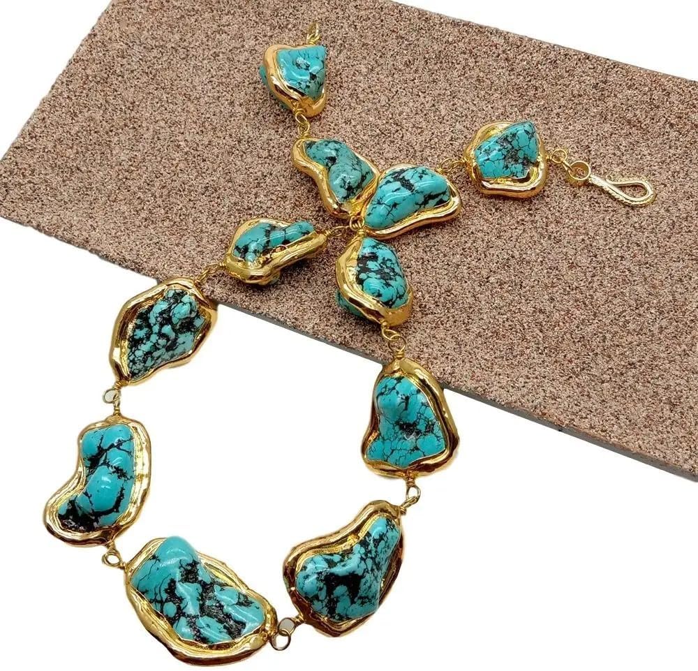 Handcrafted Turquoise Nugget Necklace, Blue Freeform Stone, Gold Electroplated Edge, 25x28mm, Ethnic Style Choker for Women