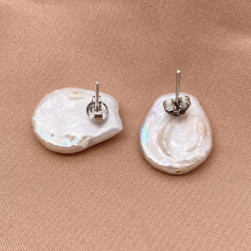 Natural Freshwater Baroque Pearl Stud Earrings, White Lustrous, Melon Seed Shape, Simple Tissue Nucleated Style