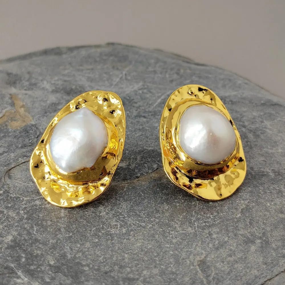 Elegant Freshwater Baroque Pearl Stud Earrings, Gold-Tone Hammered Frame, White Cultured Pearl, Wedding Jewelry