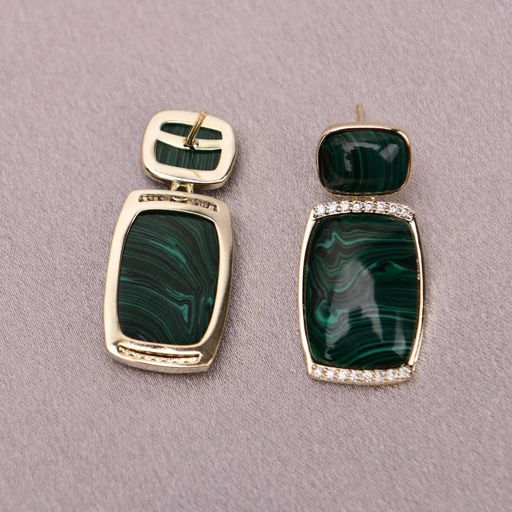 Sterling Silver Vintage Malachite Dangle Earrings, Green Natural Stone with Zircon Paved, 20x23mm, Gold Plated Rectangular Stud